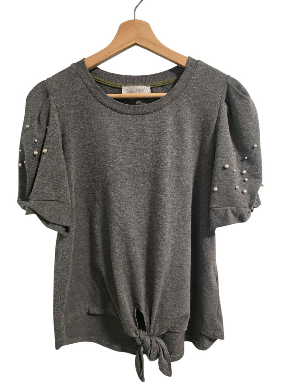 Y2k Gray Puff Sleeve Tie-Front Blouse Faux Pearl Sleeve Detail Size Small